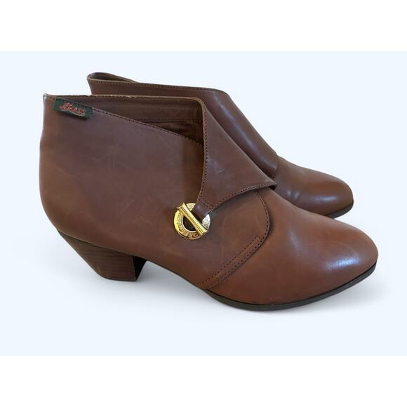 Vintage GH Bass Women's Gold Toggle Cognac Brown Leather Ankle Boots 9 W Classic - Picture 9 of 12